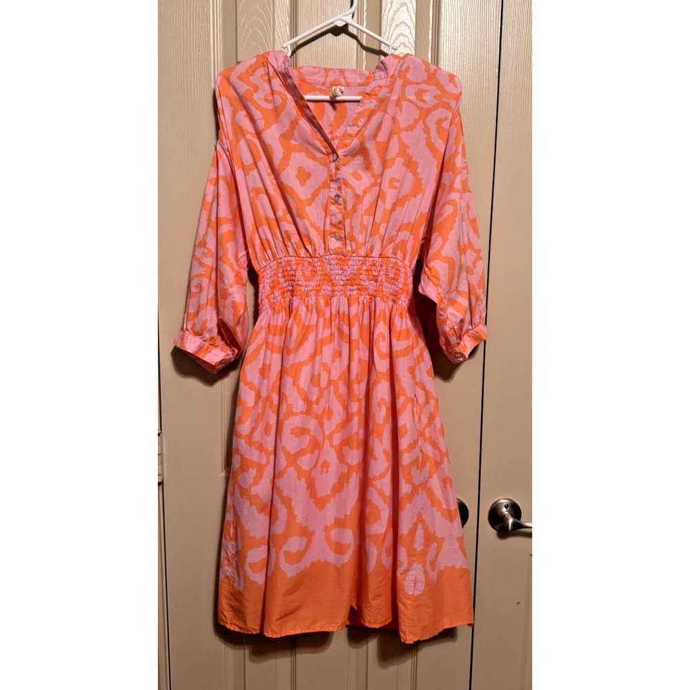 Uncle Frank Pink Orange Abstract Print Smocked Waist Cotton Dress Small 74544